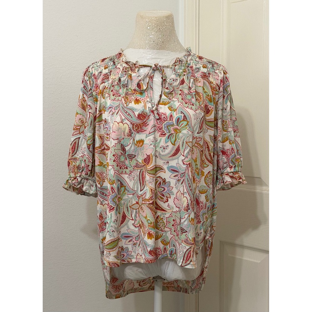 Melloday Womens sz S Paisley Floral Smocked Blouse Split Tie Neck‎ Ruffle Sleeve